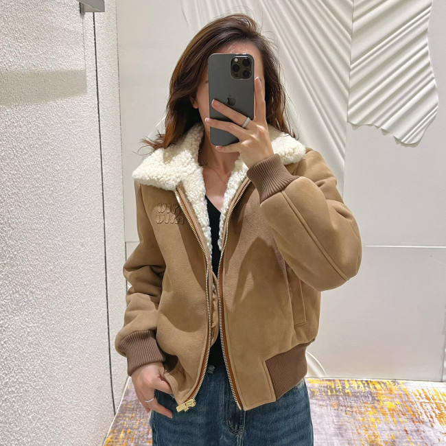 NIGO MiuMiu Women's Autumn and Winter Solid Color Logo Letter Printed Zipper Long Sleeve Leather Jacket #nigo73314
