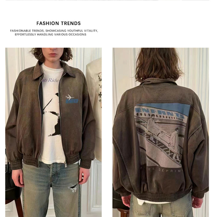 NIGO Enfants Riches Deprimes Men's Spring and Autumn Vintage Old Sandblasted Faded Zipper Solid Color Washed Pilot Long Sleeve Jacket Ngvp #nigo9372