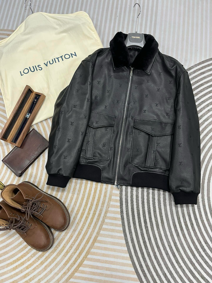 NIGO Louis Vuitton Men's Fall/winter Pilot Drawstring Jacket Solid Color Logo Jacquard Hair Collar Colorblocking Leather Jacket Back With Vents #nigo73354