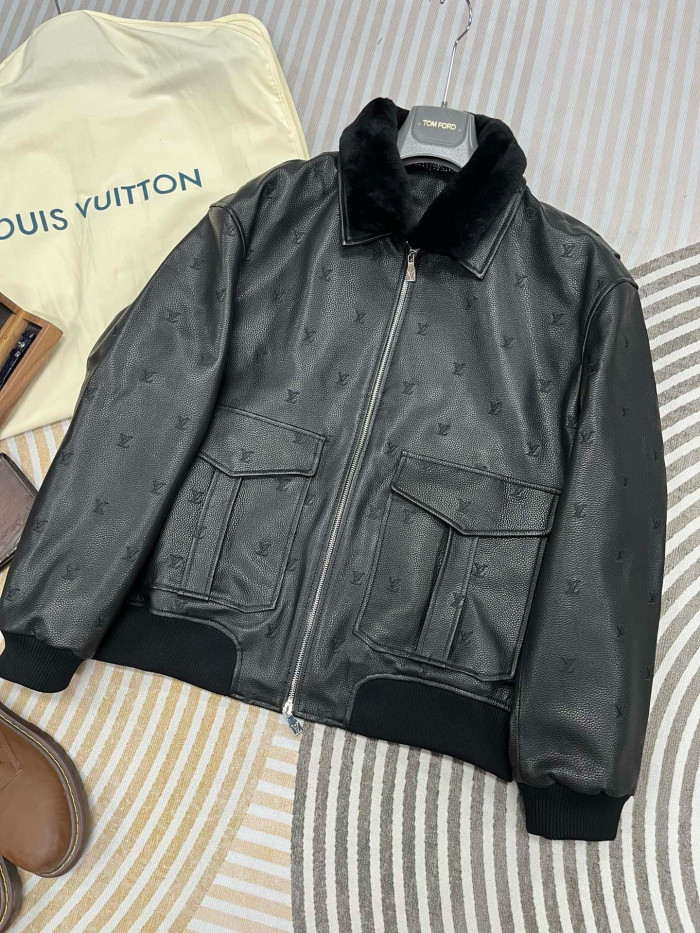 NIGO Louis Vuitton Men's Fall/winter Pilot Drawstring Jacket Solid Color Logo Jacquard Hair Collar Colorblocking Leather Jacket Back With Vents #nigo73354