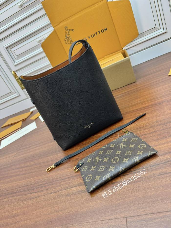 NIGO Louis Vuitton Women's Black Metal Hardware Hook And Loop Closure Smooth Cowhide Leather Handbag Shoulder Bag Bags #nigo73332
