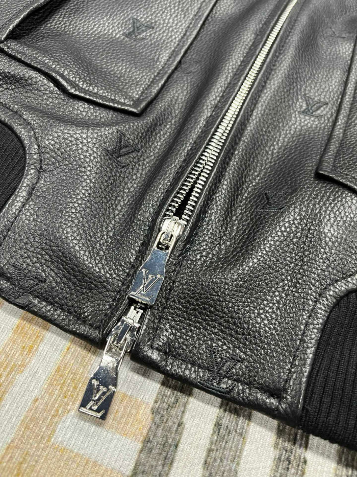 NIGO Louis Vuitton Men's Fall/winter Pilot Drawstring Jacket Solid Color Logo Jacquard Hair Collar Colorblocking Leather Jacket Back With Vents #nigo73354