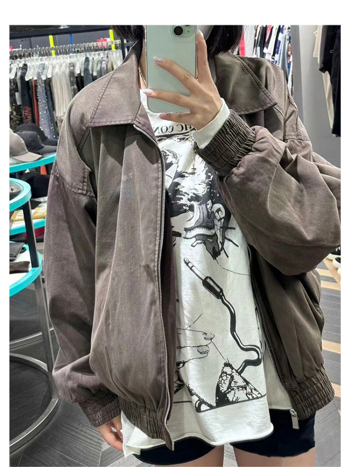 NIGO Enfants Riches Deprimes Men's Spring and Autumn Vintage Old Sandblasted Faded Zipper Solid Color Washed Pilot Long Sleeve Jacket Ngvp #nigo9372
