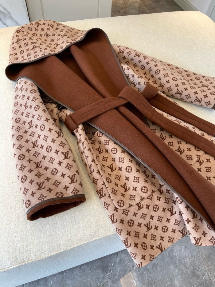 NIGO Louis Vuitton Women's Fall/Winter Brown Logo Letter Printed Reversible Wool Hooded Wrap Long Sleeve Coat Jacket #nigo73338
