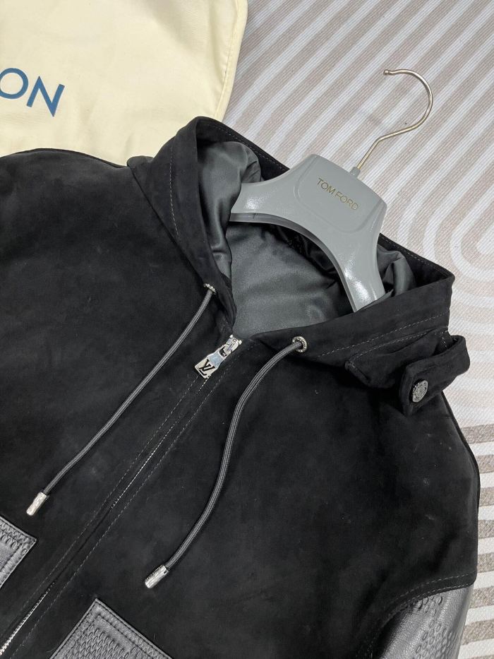 NIGO Louis Vuitton Men's Fall And Winter Black Suede Patchwork Hooded Drawstring Zipper Long Sleeve Jacket #nigo73342