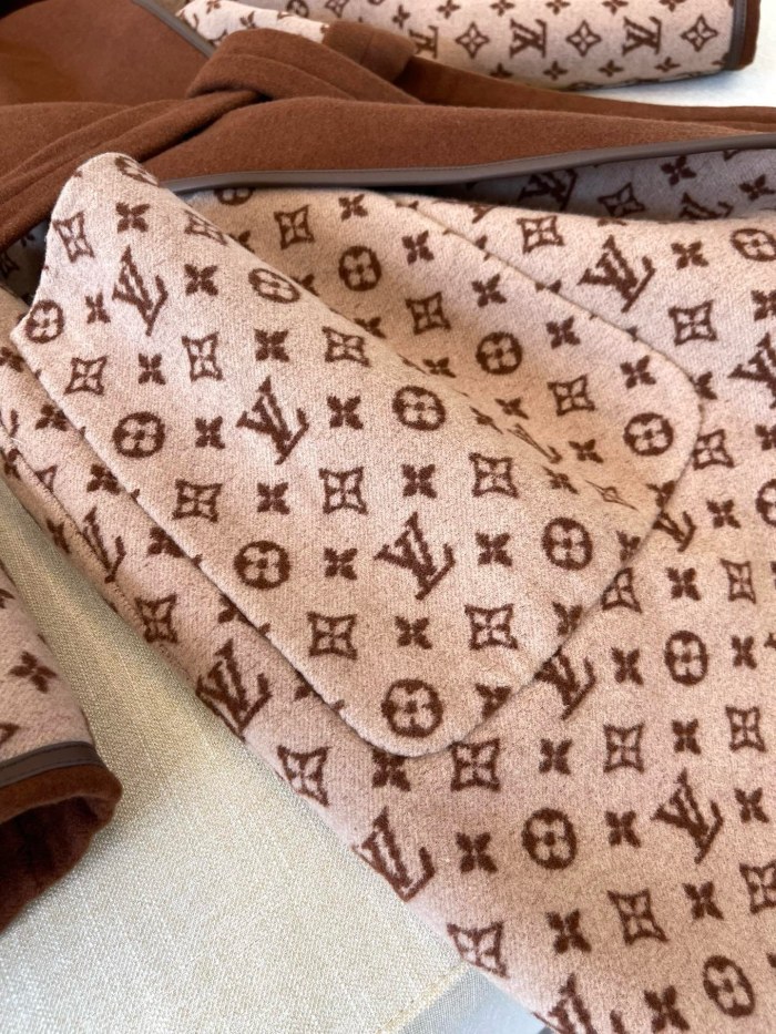 NIGO Louis Vuitton Women's Fall/Winter Brown Logo Letter Printed Reversible Wool Hooded Wrap Long Sleeve Coat Jacket #nigo73338