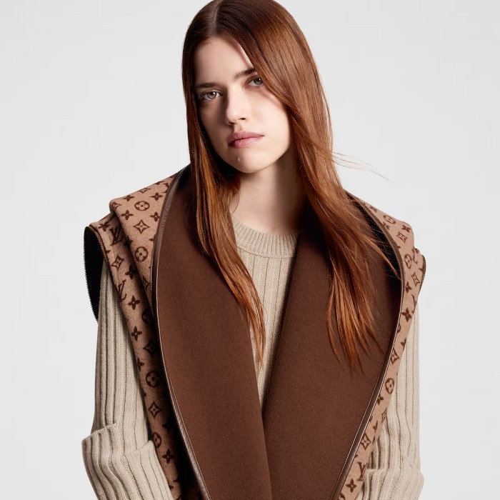 NIGO Louis Vuitton Women's Fall/Winter Brown Logo Letter Printed Reversible Wool Hooded Wrap Long Sleeve Coat Jacket #nigo73338