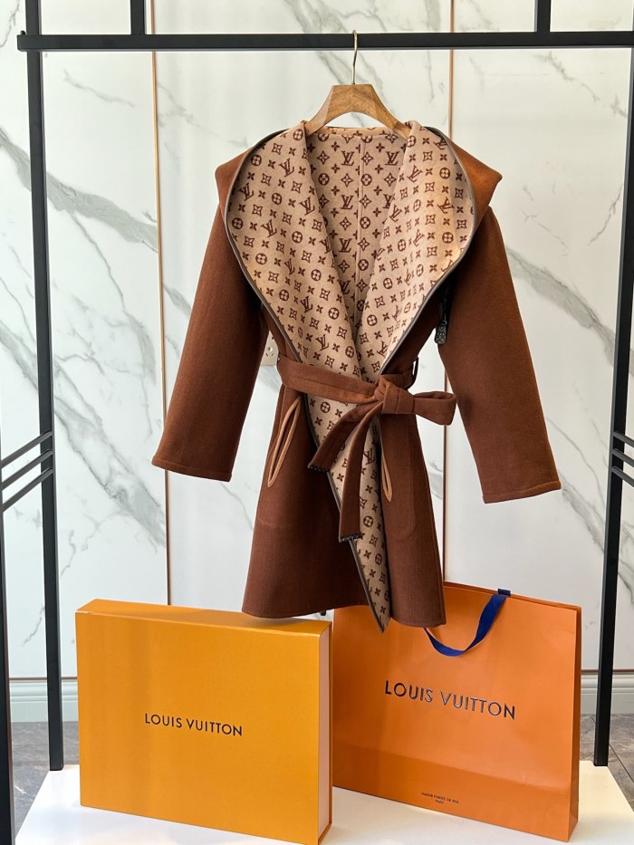 NIGO Louis Vuitton Women's Fall/Winter Brown Logo Letter Printed Reversible Wool Hooded Wrap Long Sleeve Coat Jacket #nigo73338