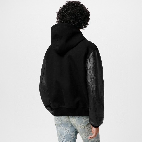 NIGO Louis Vuitton Men's Fall And Winter Black Suede Patchwork Hooded Drawstring Zipper Long Sleeve Jacket #nigo73342