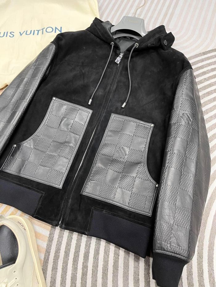 NIGO Louis Vuitton Men's Fall And Winter Black Suede Patchwork Hooded Drawstring Zipper Long Sleeve Jacket #nigo73342
