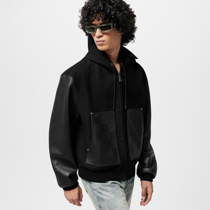 NIGO Louis Vuitton Men's Fall And Winter Black Suede Patchwork Hooded Drawstring Zipper Long Sleeve Jacket #nigo73342