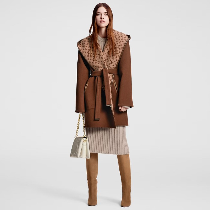NIGO Louis Vuitton Women's Fall/Winter Brown Logo Letter Printed Reversible Wool Hooded Wrap Long Sleeve Coat Jacket #nigo73338