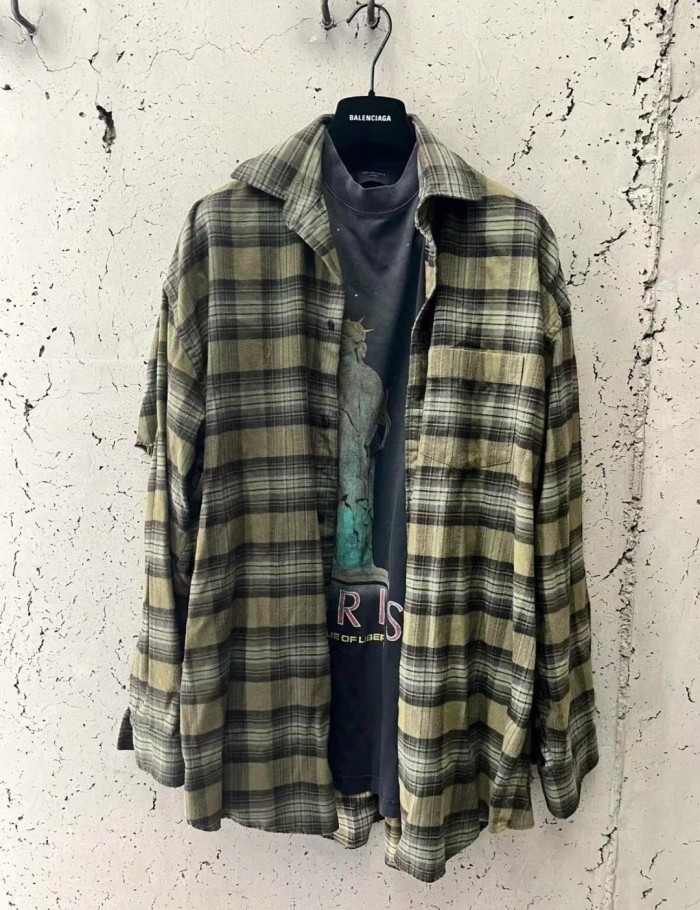 NIGO Balenciaga Men's Spring And Autumn Checkered Lapel Aged Cotton PARIS LIBERTY Loose Long Sleeve Solid Layered Shirt #nigo73368