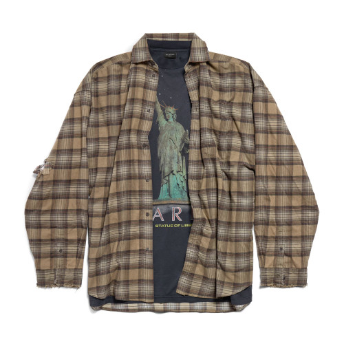 NIGO Balenciaga Men's Spring And Autumn Checkered Lapel Aged Cotton PARIS LIBERTY Loose Long Sleeve Solid Layered Shirt #nigo73368