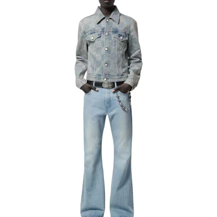 NIGO Louis Vuitton Men's Spring And Fall Jacquard Single-Breasted Lapel Long-Sleeved Faux Crystal Damier Denim Jacket Plaid Printed Straight Denim Pants Ngvp #nigo9383