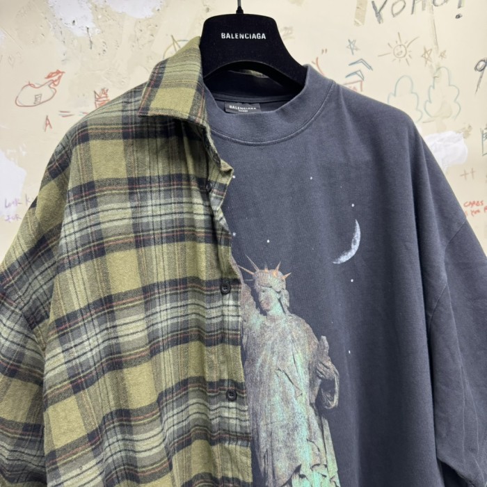 NIGO Balenciaga Men's Spring And Autumn Checkered Lapel Aged Cotton PARIS LIBERTY Loose Long Sleeve Solid Layered Shirt #nigo73368