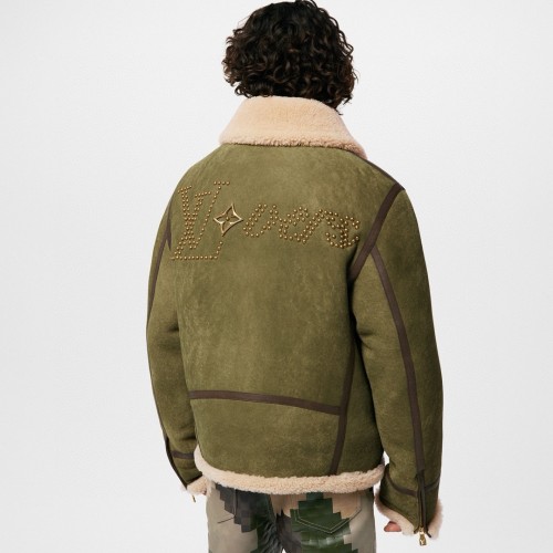 NIGO Louis Vuitton Men's Autumn and Winter Green Sheep Leather Patchwork Fur Collar Zipper Casual Long Sleeve Jacket #nigo73367