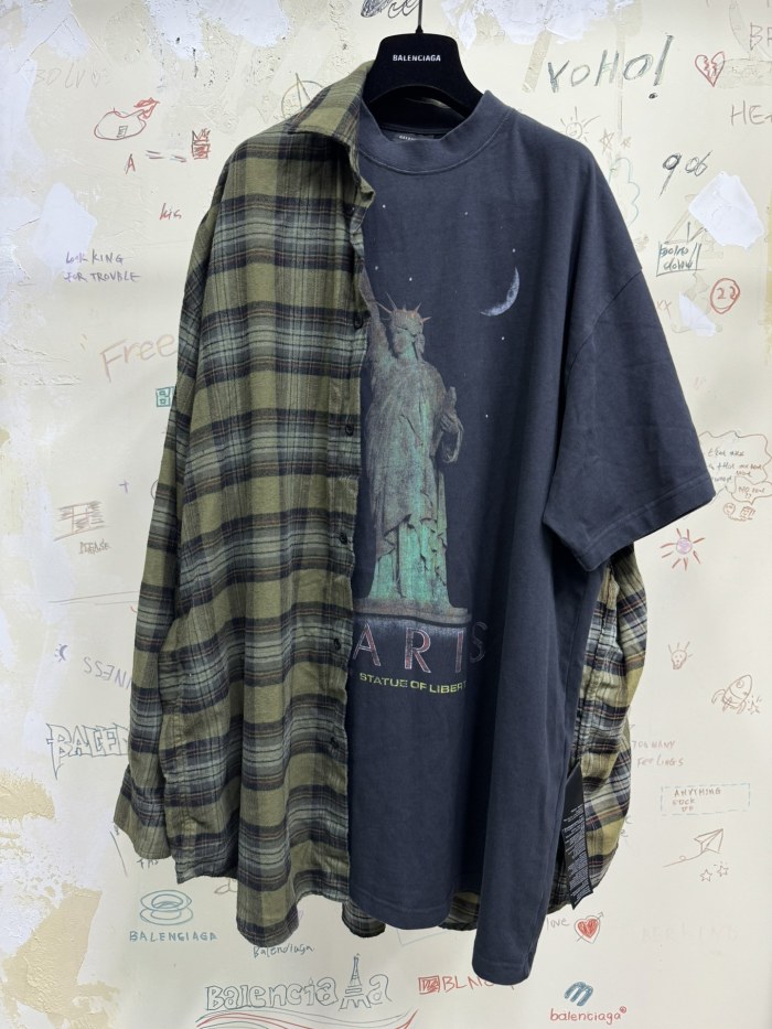 NIGO Balenciaga Men's Spring And Autumn Checkered Lapel Aged Cotton PARIS LIBERTY Loose Long Sleeve Solid Layered Shirt #nigo73368
