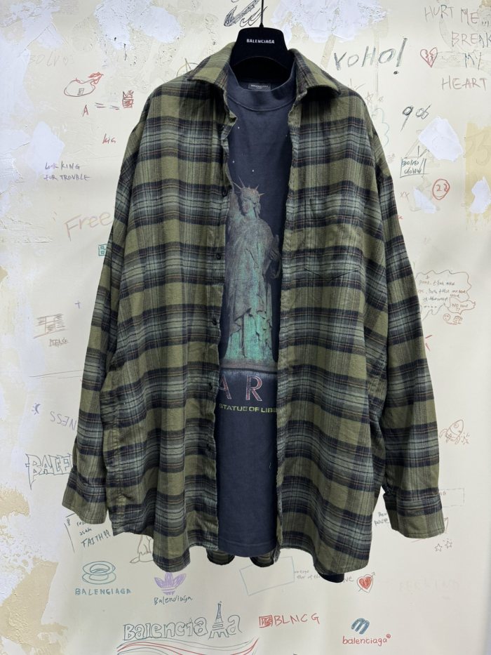 NIGO Balenciaga Men's Spring And Autumn Checkered Lapel Aged Cotton PARIS LIBERTY Loose Long Sleeve Solid Layered Shirt #nigo73368