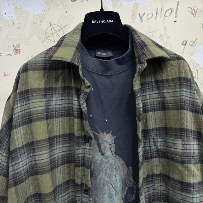 NIGO Balenciaga Men's Spring And Autumn Checkered Lapel Aged Cotton PARIS LIBERTY Loose Long Sleeve Solid Layered Shirt #nigo73368