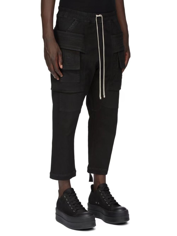 NIGO Rick Owens Men's Spring and Autumn Black Large Pocket Cotton Lace-Up Casual Work Pants #nigo73375