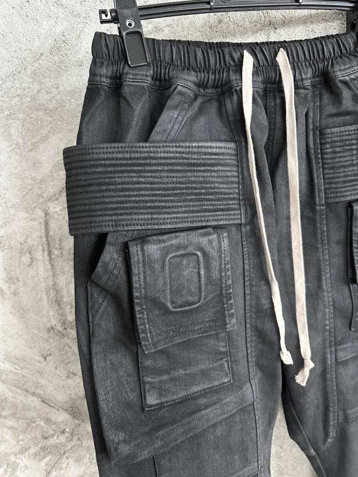 NIGO Rick Owens Men's Spring and Autumn Black Large Pocket Cotton Lace-Up Casual Work Pants #nigo73375