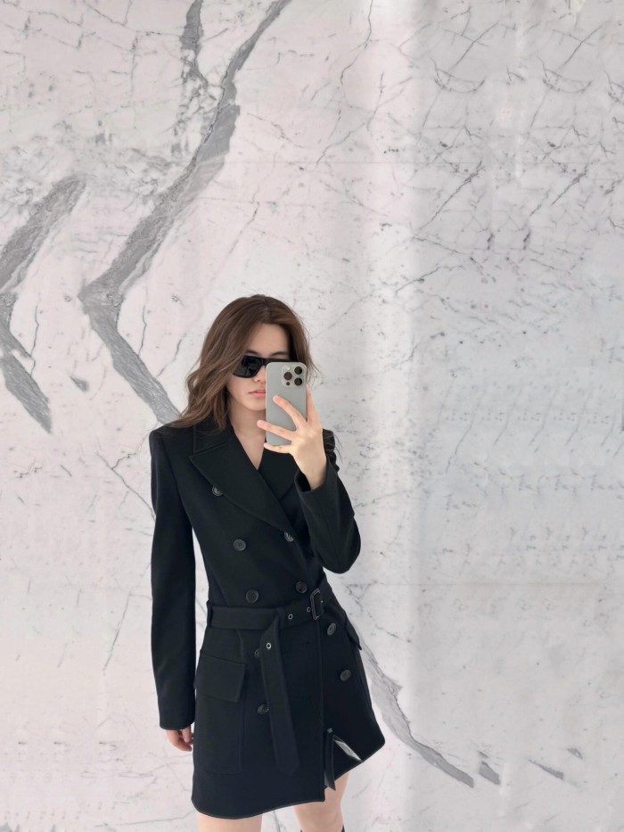 NIGO SAINT LAURENT Women's Spring, Autumn And Winter Double-Breasted Belt Solid Color Wool Short Black Dress Long-Sleeved Straight Coat Ngvp #nigo9399
