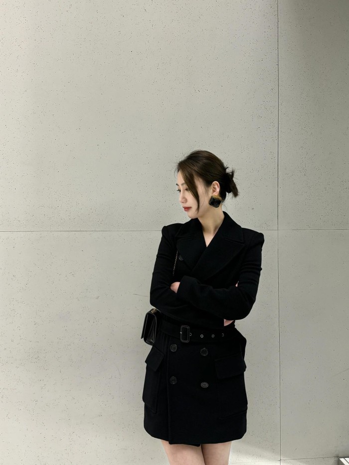 NIGO SAINT LAURENT Women's Spring, Autumn And Winter Double-Breasted Belt Solid Color Wool Short Black Dress Long-Sleeved Straight Coat Ngvp #nigo9399