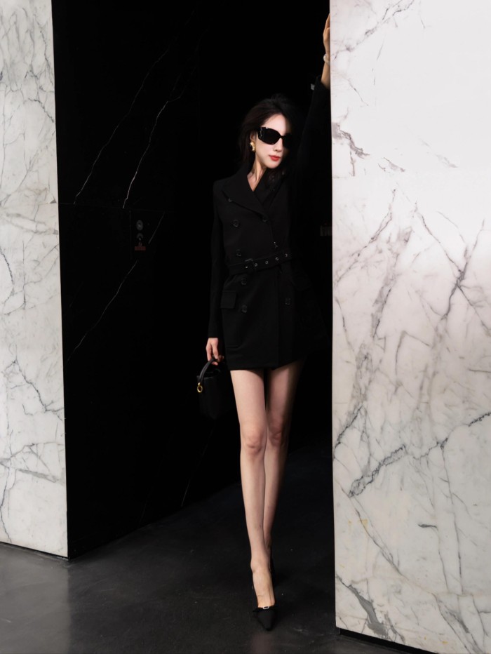 NIGO SAINT LAURENT Women's Spring, Autumn And Winter Double-Breasted Belt Solid Color Wool Short Black Dress Long-Sleeved Straight Coat Ngvp #nigo9399