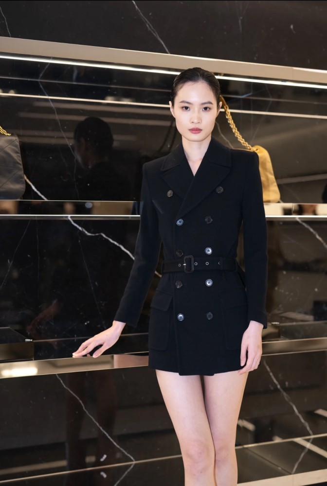NIGO SAINT LAURENT Women's Spring, Autumn And Winter Double-Breasted Belt Solid Color Wool Short Black Dress Long-Sleeved Straight Coat Ngvp #nigo9399