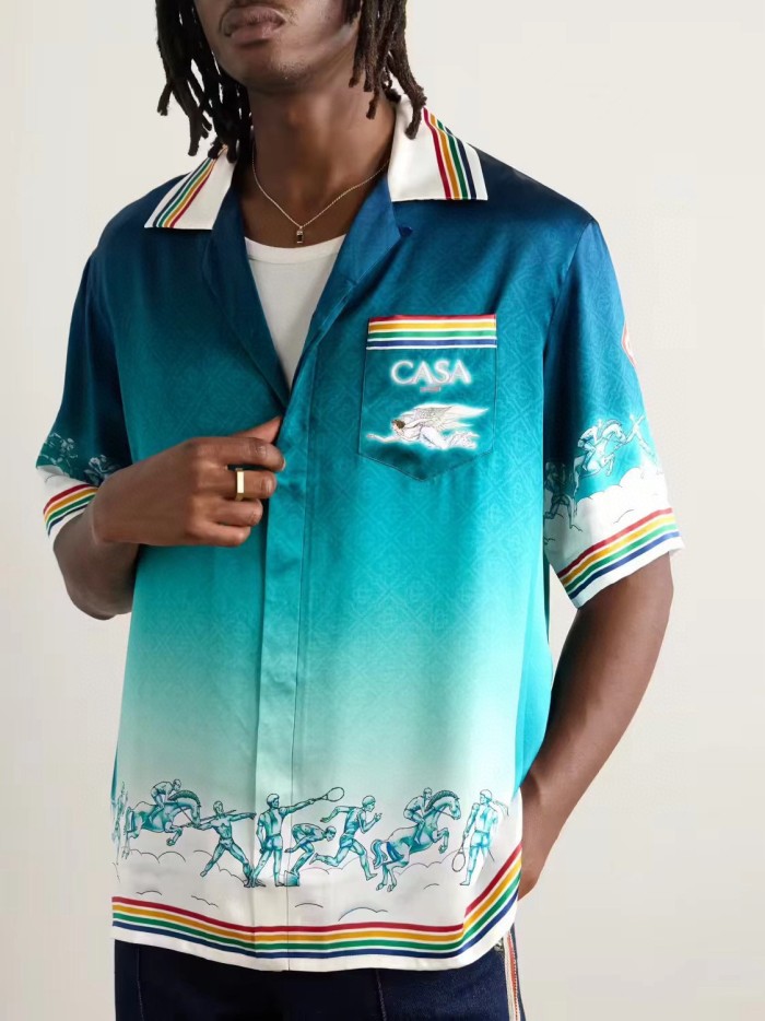 NIGO Casablanca Men's Summer Gradient Pattern Printed Lapel Loose Single Breasted Short Sleeve Shirt Tie Stretch Waistband Shorts Set Suit #nigo73425