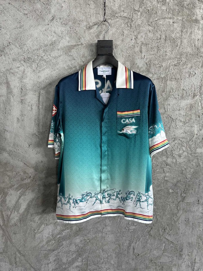 NIGO Casablanca Men's Summer Gradient Pattern Printed Lapel Loose Single Breasted Short Sleeve Shirt Tie Stretch Waistband Shorts Set Suit #nigo73425
