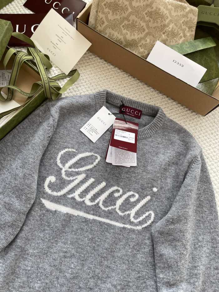 NIGO Gucci Men's Autumn and Winter Gray Logo Letter Applique Crew Neck Pullover Wool Long Sleeve Sweater #nigo286788