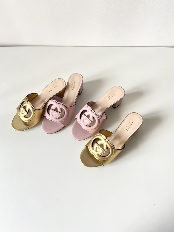 NIGO Gucci Women's Summer Solid Color Leather Hollow Out Design Chunky Heel Slippers Shoes #nigo73456