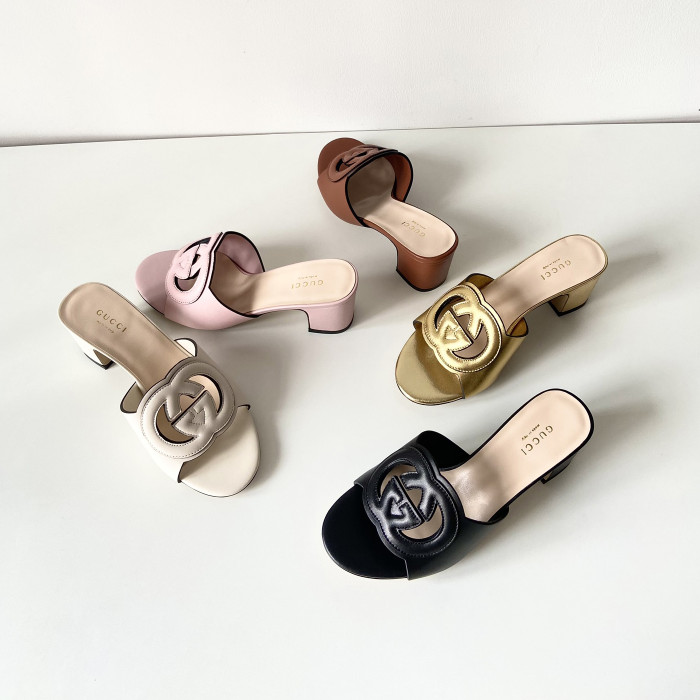NIGO Gucci Women's Summer Solid Color Leather Hollow Out Design Chunky Heel Slippers Shoes #nigo73456