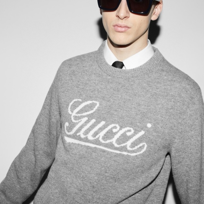 NIGO Gucci Men's Autumn and Winter Gray Logo Letter Applique Crew Neck Pullover Wool Long Sleeve Sweater #nigo286788