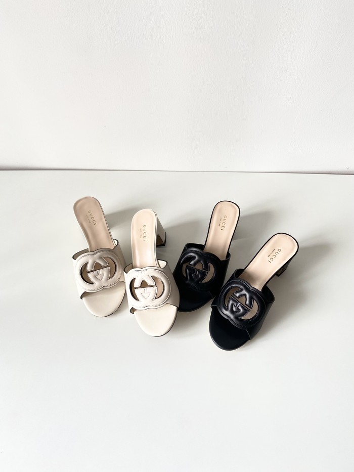 NIGO Gucci Women's Summer Solid Color Leather Hollow Out Design Chunky Heel Slippers Shoes #nigo73456