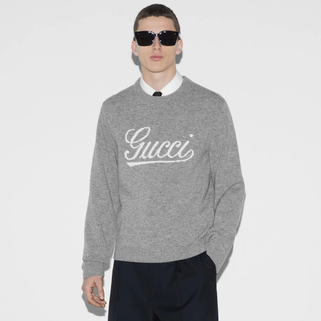 NIGO Gucci Men's Autumn and Winter Gray Logo Letter Applique Crew Neck Pullover Wool Long Sleeve Sweater #nigo286788