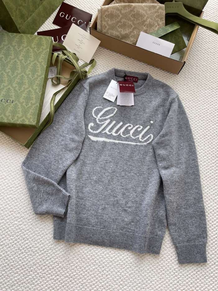 NIGO Gucci Men's Autumn and Winter Gray Logo Letter Applique Crew Neck Pullover Wool Long Sleeve Sweater #nigo286788