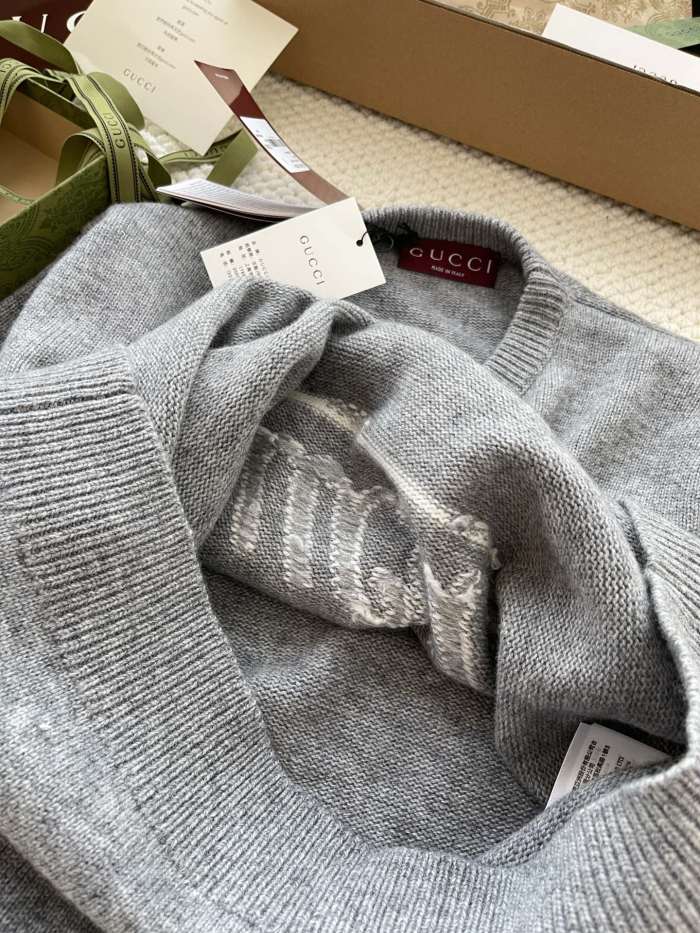 NIGO Gucci Men's Autumn and Winter Gray Logo Letter Applique Crew Neck Pullover Wool Long Sleeve Sweater #nigo286788