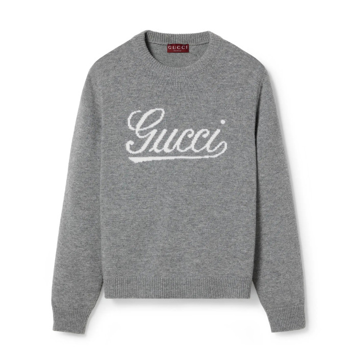 NIGO Gucci Men's Autumn and Winter Gray Logo Letter Applique Crew Neck Pullover Wool Long Sleeve Sweater #nigo286788