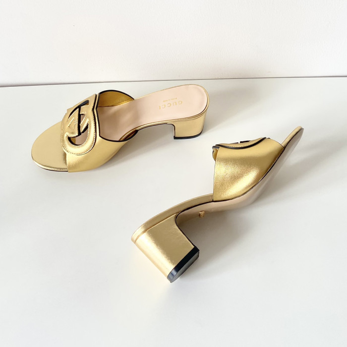 NIGO Gucci Women's Summer Solid Color Leather Hollow Out Design Chunky Heel Slippers Shoes #nigo73456