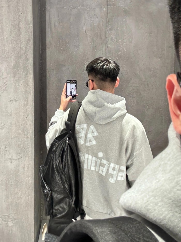 NIGO Balenciaga Men's Spring and Autumn Gray Letter Logo Printed Hooded Long Sleeve Sweatshirt Pullover #nigo73489