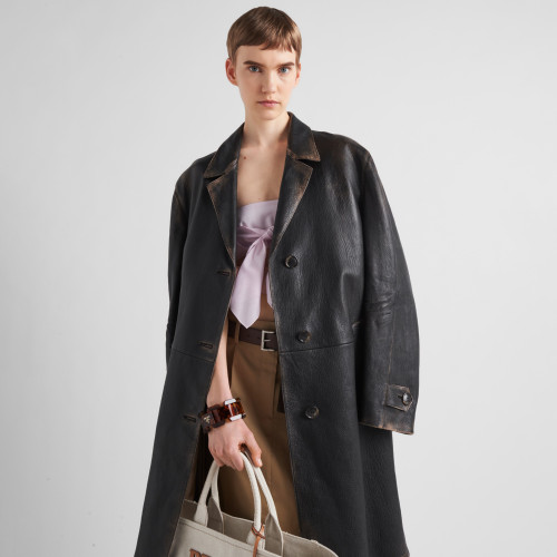 NIGO Prada Women's Fall And Winter Black Lapel Single-breasted Do Old Lambskin Belt In The Long Section Long Sleeved Coat Jacket #nigo73491