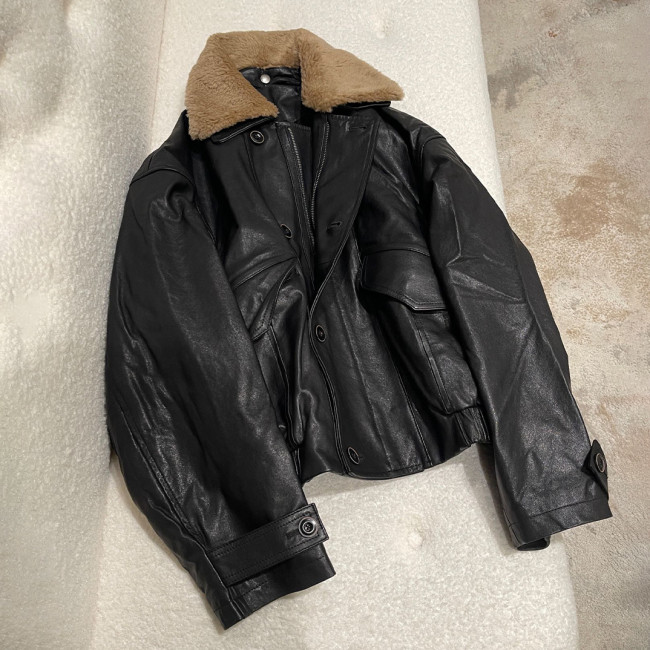 NIGO Lemaire Women's Autumn And Winter Patchwork Fur Collar Lapel Short Solid Color Long Sleeve Sheepskin Jacket Ngvp #nigo9436