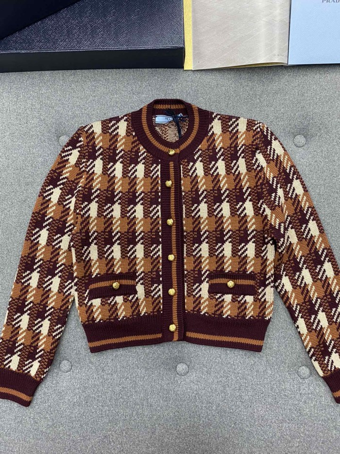 NIGO Prada Women‘s Fall And Winter Plaid Full Print Round Neck Pocket Single Breasted Wool Long Sleeved Knit Jacket #nigo73537