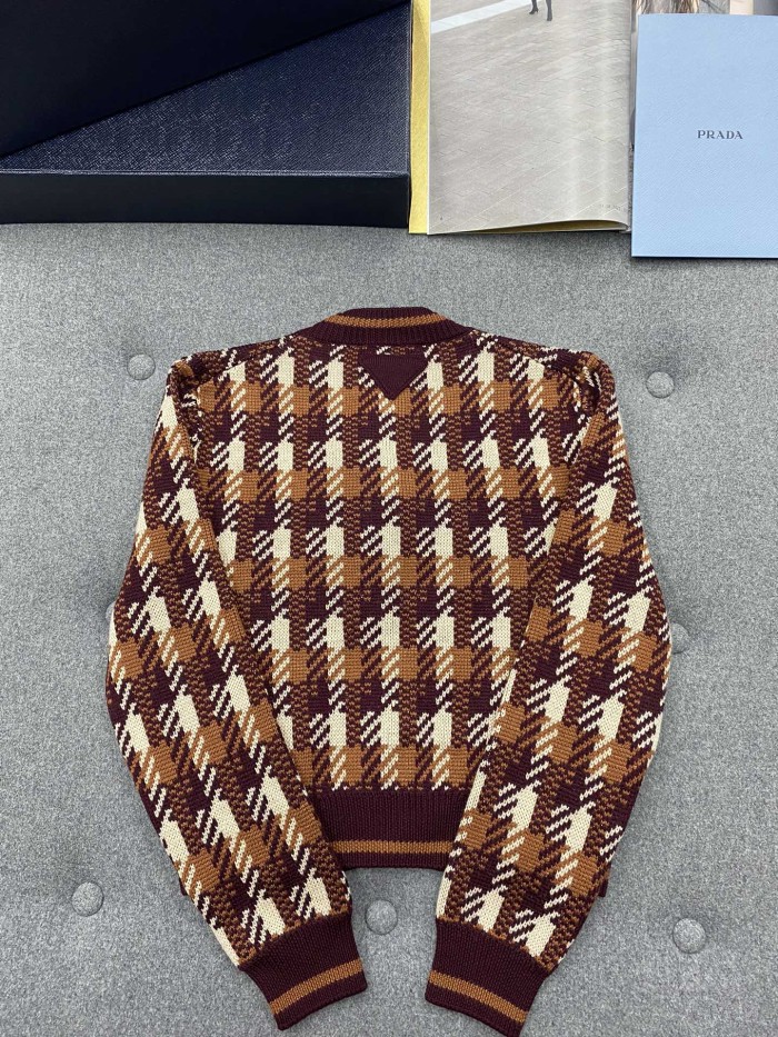 NIGO Prada Women‘s Fall And Winter Plaid Full Print Round Neck Pocket Single Breasted Wool Long Sleeved Knit Jacket #nigo73537