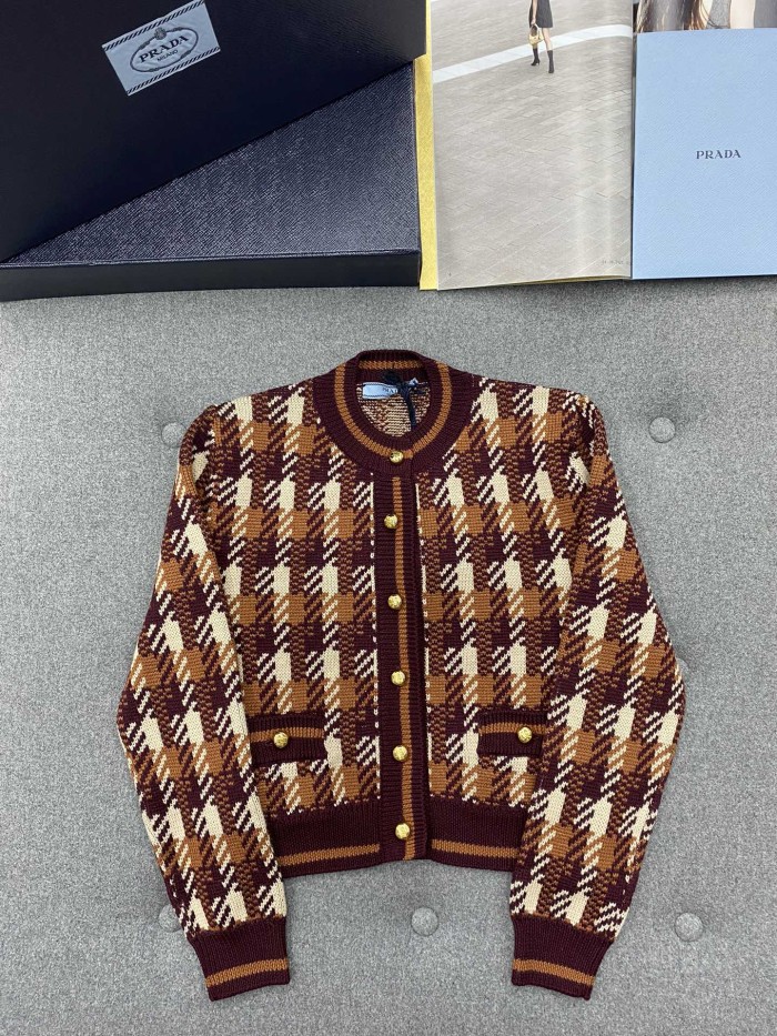 NIGO Prada Women‘s Fall And Winter Plaid Full Print Round Neck Pocket Single Breasted Wool Long Sleeved Knit Jacket #nigo73537