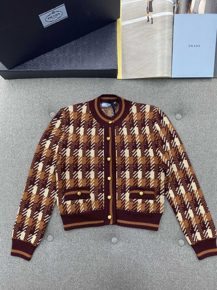 NIGO Prada Women‘s Fall And Winter Plaid Full Print Round Neck Pocket Single Breasted Wool Long Sleeved Knit Jacket #nigo73537