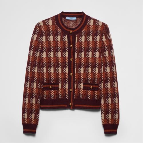 NIGO Prada Women‘s Fall And Winter Plaid Full Print Round Neck Pocket Single Breasted Wool Long Sleeved Knit Jacket #nigo73537